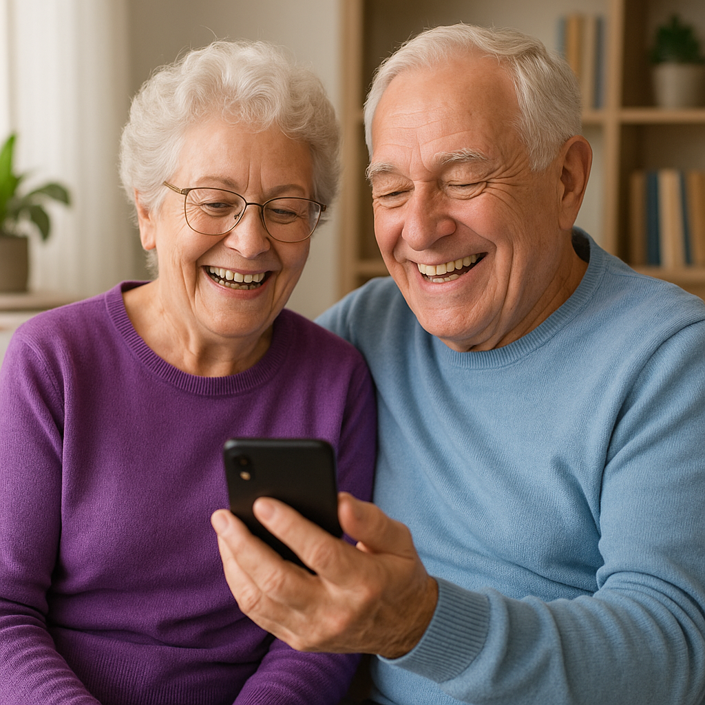 genera una imagen de dos adultos mayores los dos estan felices viendo el celular como si tuvieran finanzas para su tranquilidad adicionalmente la ropa que sea color morado y azul pastel-1