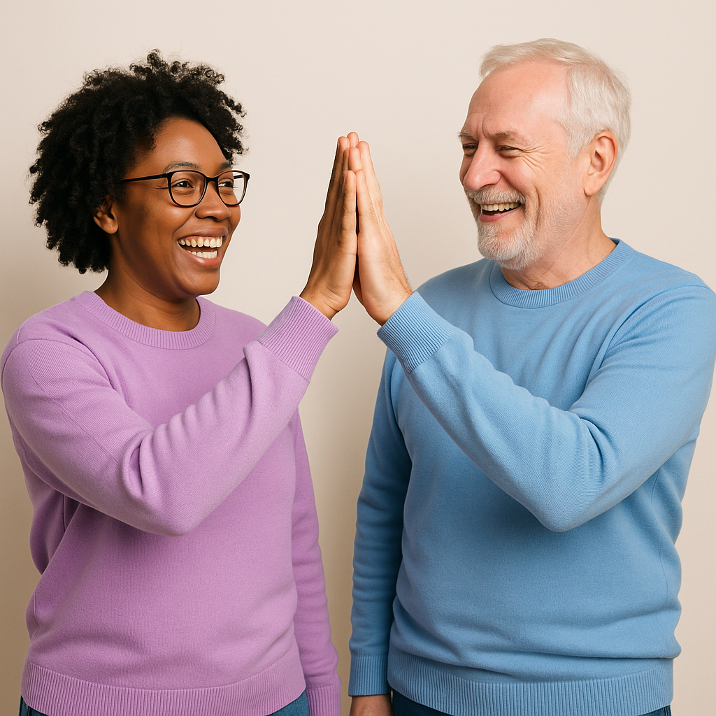 genera una imagen de dos personas adultas sonriendo chocando la mano su vestuario es ropa color pastel morada y azul